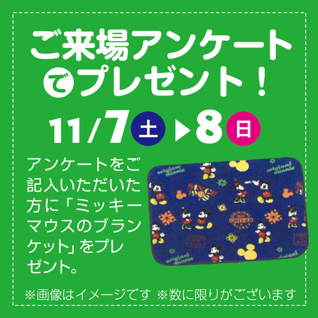 アンケートにご記入いただいた方にこれからの寒い時期に使える「ミッキマウスブランケット」をプレゼントします☺
﻿